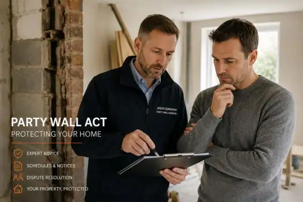 Party wall surveyor South Yorkshire discussing extension plans with homeowner outside a UK semi-detached house.